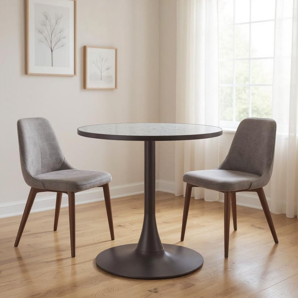 Gray and Bronze Wood and Steel Pedestal Base Round Top Dining Table - 24-inch