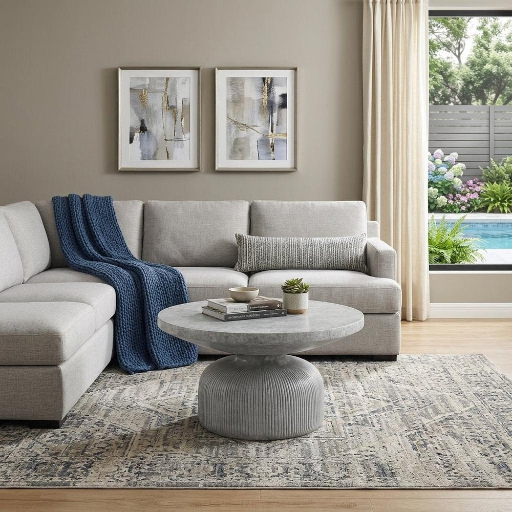 Gray Cement Round Pedestal Coffee Table - 30-inch
