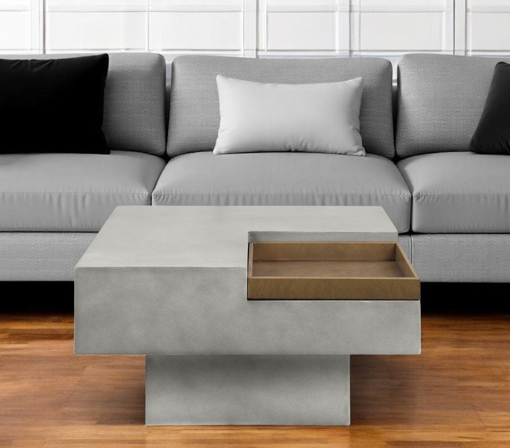 Gray Cement Square Distressed Pedestal Coffee Table - 32-inch