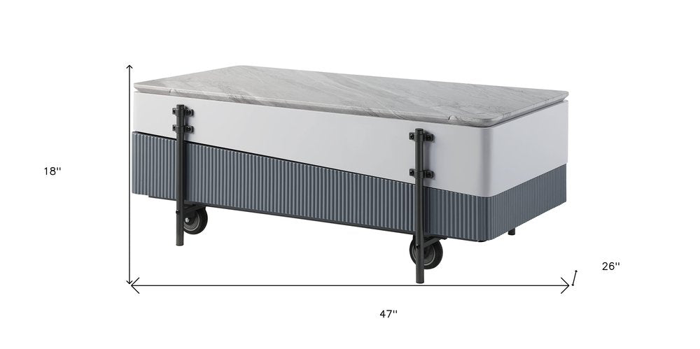 Gray White and Black Faux Marble Wood and Steel Lift Top Coffee Table