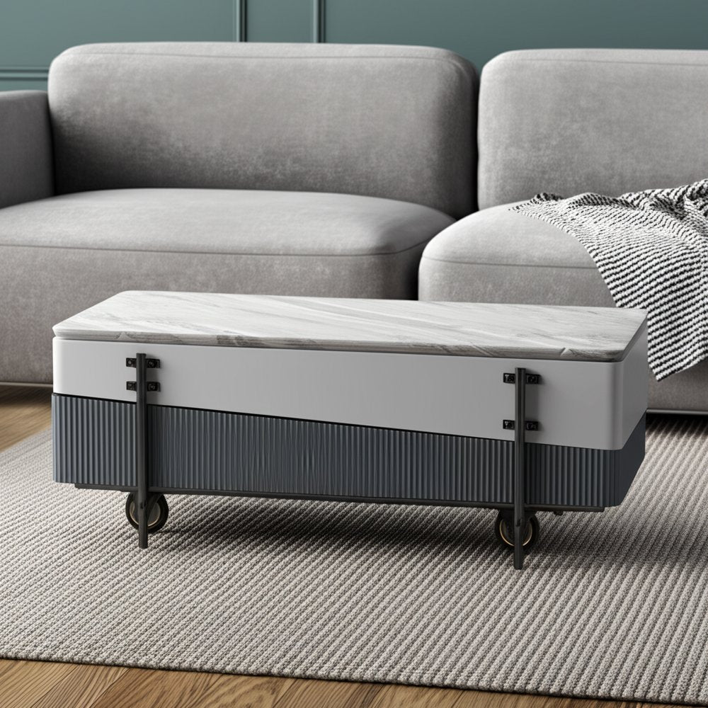 Gray White and Black Faux Marble Wood and Steel Lift Top Coffee Table