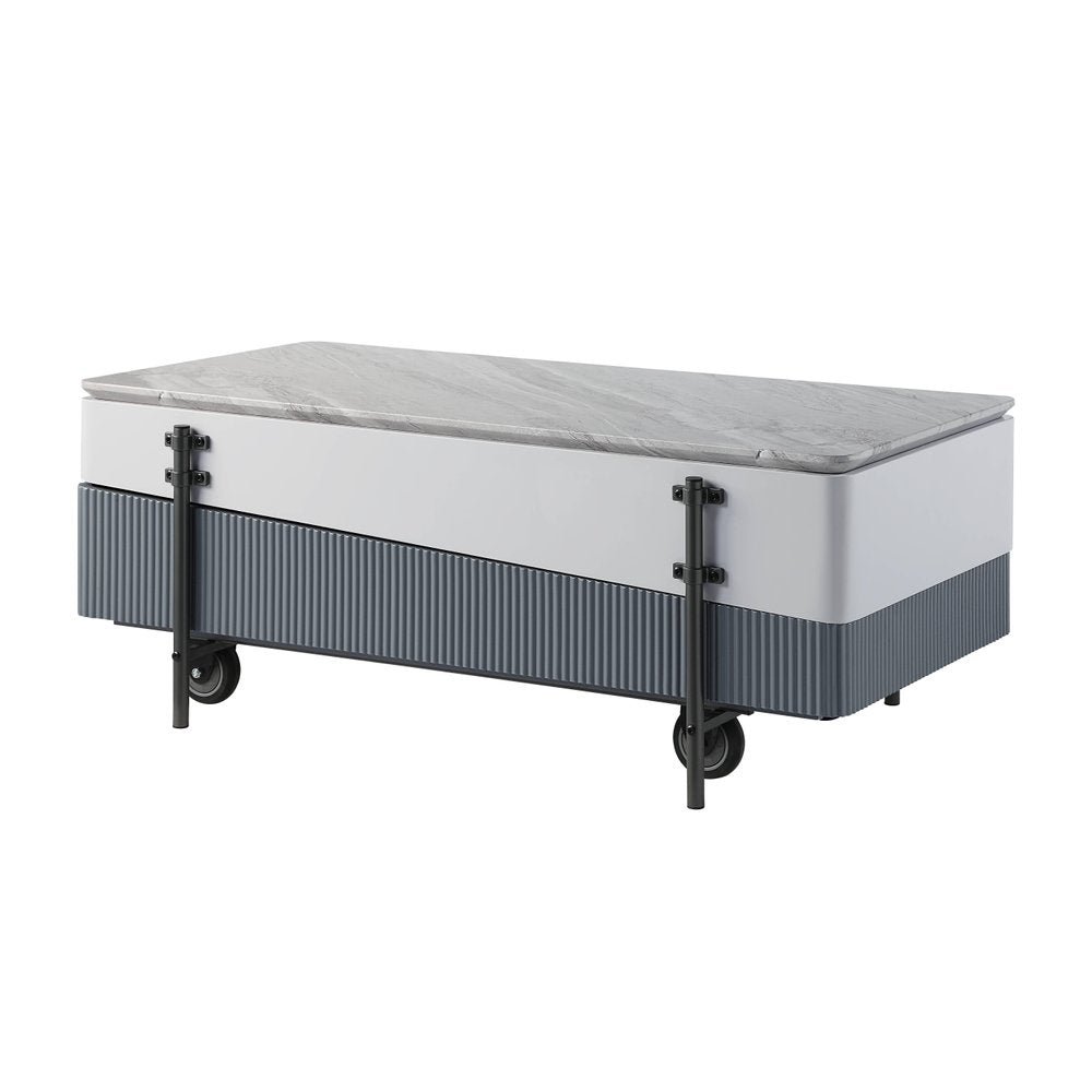 Gray White and Black Faux Marble Wood and Steel Lift Top Coffee Table