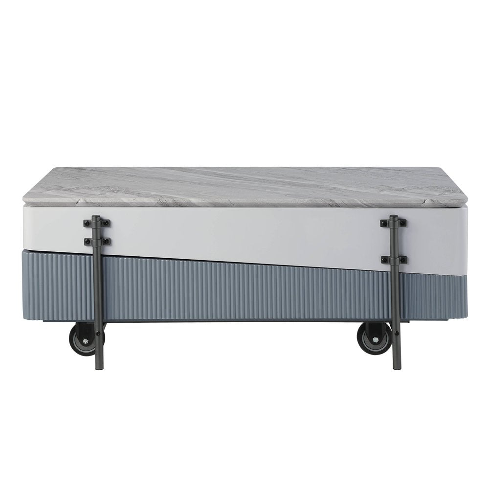 Gray White and Black Faux Marble Wood and Steel Lift Top Coffee Table