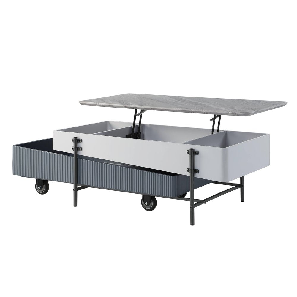 Gray White and Black Faux Marble Wood and Steel Lift Top Coffee Table