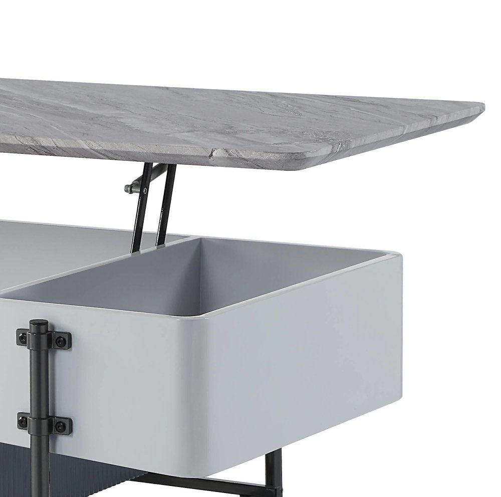 Gray White and Black Faux Marble Wood and Steel Lift Top Coffee Table