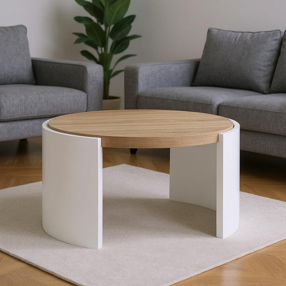 Oak and White Wood Round Partial Frame Coffee Table - 33-inch