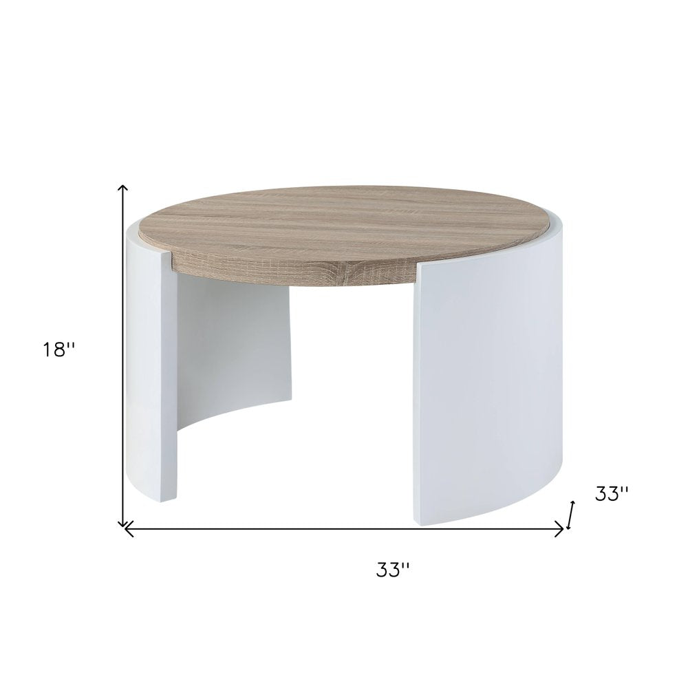 Oak and White Wood Round Partial Frame Coffee Table - 33-inch