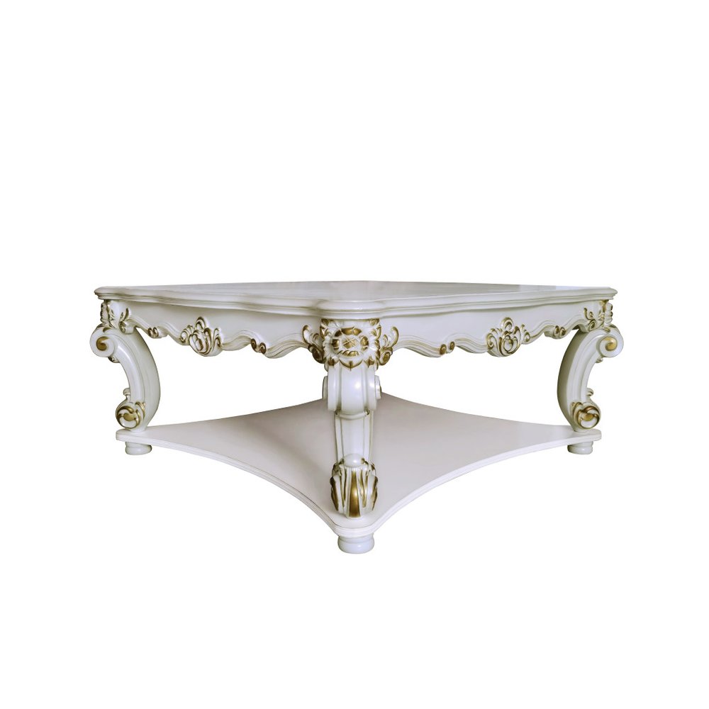 Ivory and Gold Wood Square Coffee Table with Shelf - 58-inch