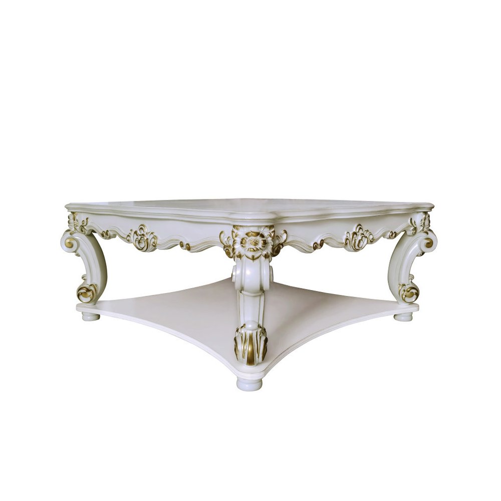 Ivory and Gold Wood Square Coffee Table with Shelf - 58-inch