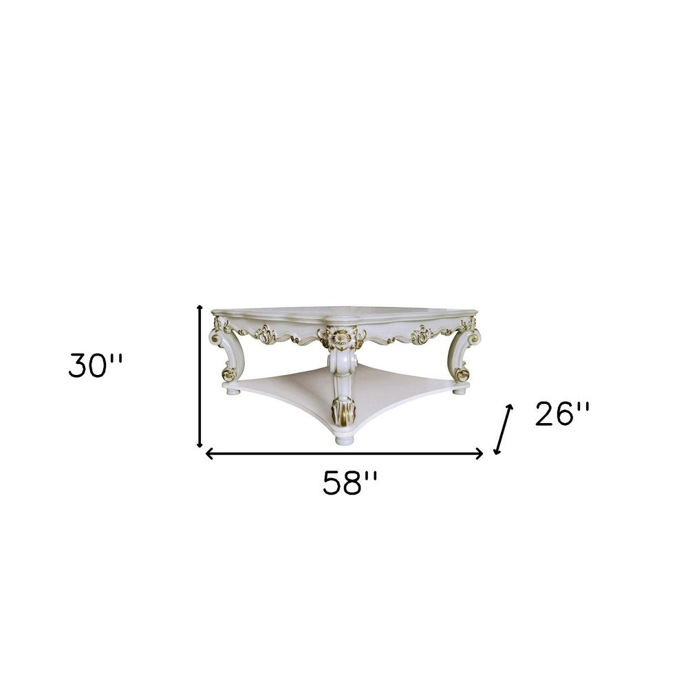 Ivory and Gold Wood Square Coffee Table with Shelf - 58-inch