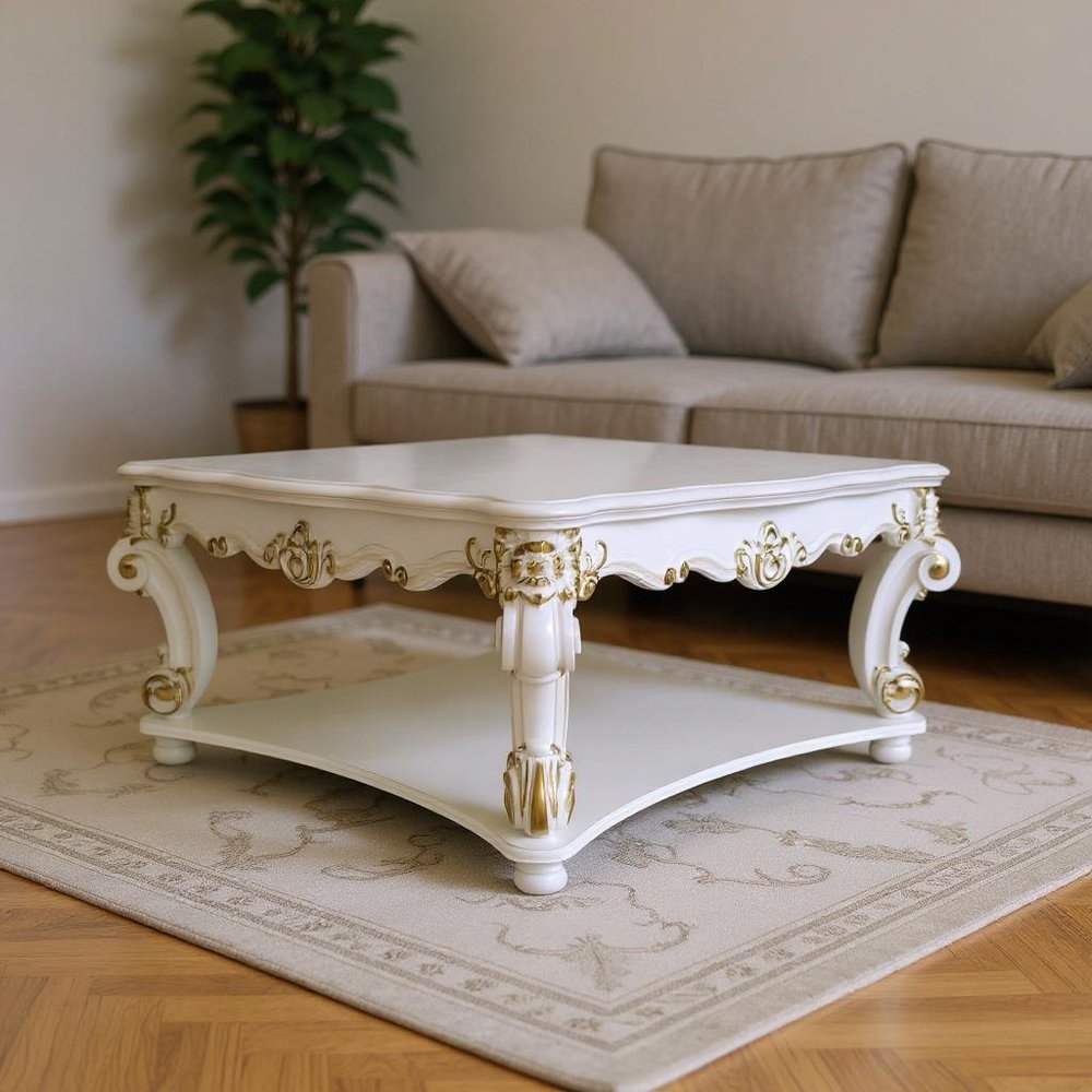 Ivory and Gold Wood Square Coffee Table with Shelf - 58-inch