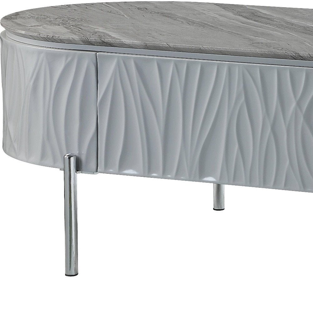 Gray Wood and Steel Oval Coffee Table with Drawer - 47-inch