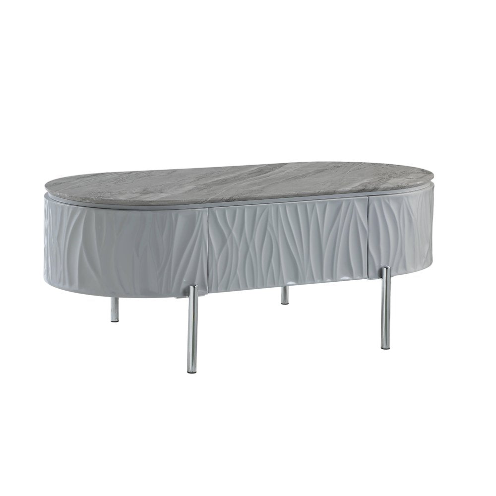 Gray Wood and Steel Oval Coffee Table with Drawer - 47-inch
