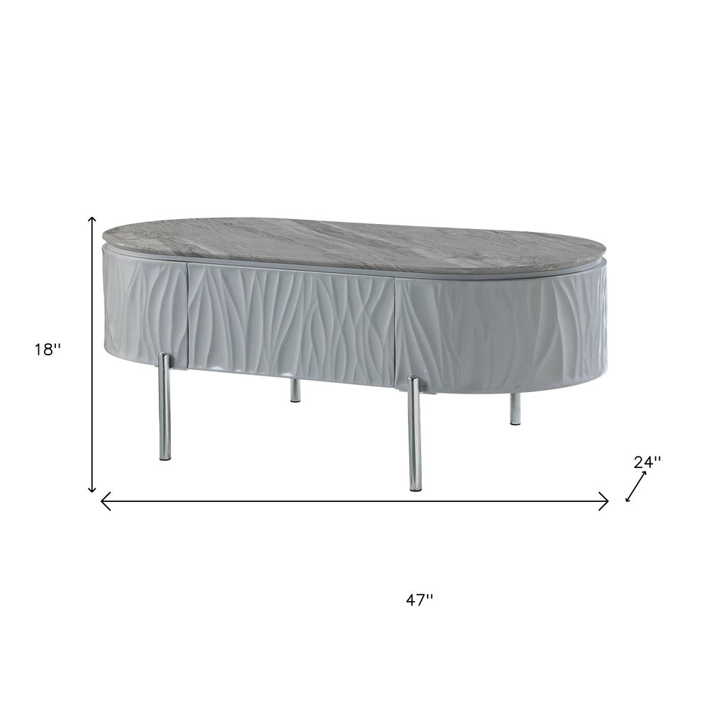 Gray Wood and Steel Oval Coffee Table with Drawer - 47-inch