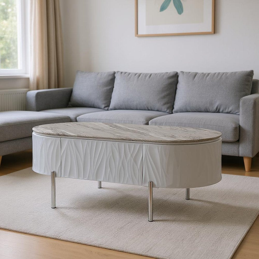 Gray Wood and Steel Oval Coffee Table with Drawer - 47-inch