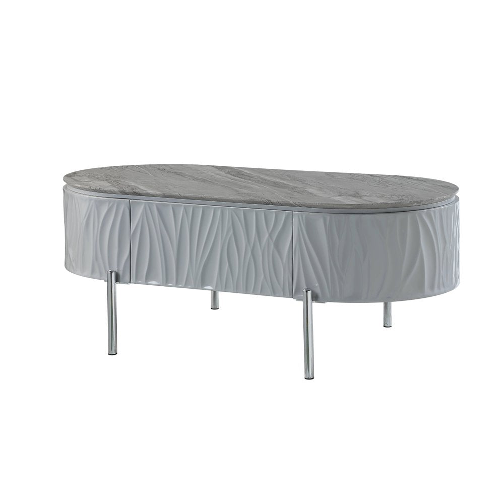 Gray Wood and Steel Oval Coffee Table with Drawer - 47-inch