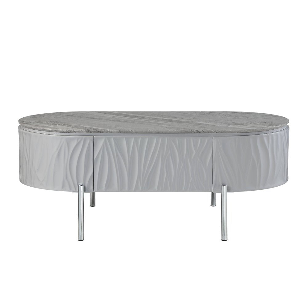 Gray Wood and Steel Oval Coffee Table with Drawer - 47-inch
