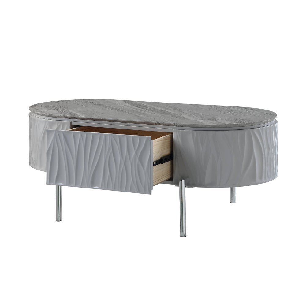 Gray Wood and Steel Oval Coffee Table with Drawer - 47-inch