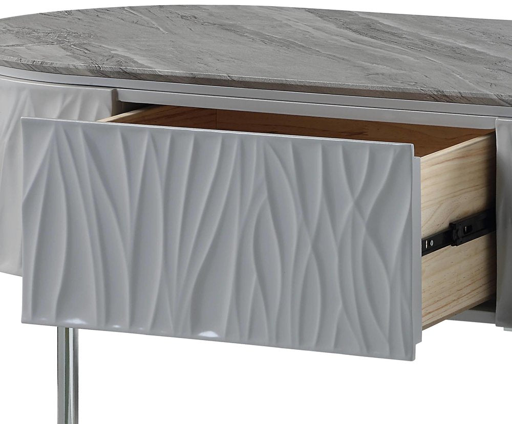 Gray Wood and Steel Oval Coffee Table with Drawer - 47-inch
