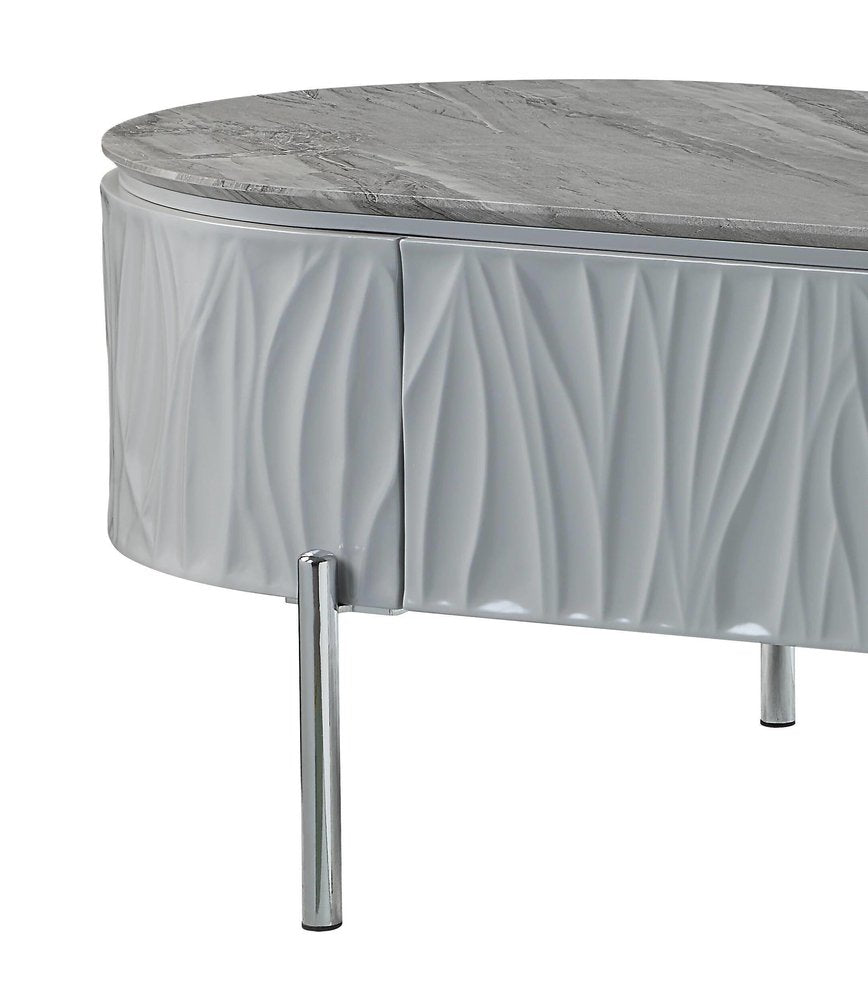 Gray Wood and Steel Oval Coffee Table with Drawer - 47-inch