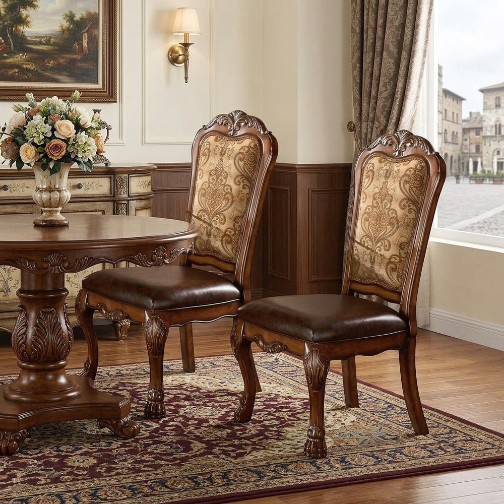 Set of Two Oak Faux Leather Dining Side Chairs