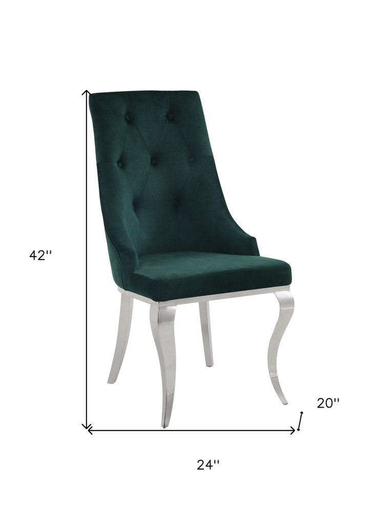 Set of Two Green and Silver Tufted Fabric Dining Side Chairs