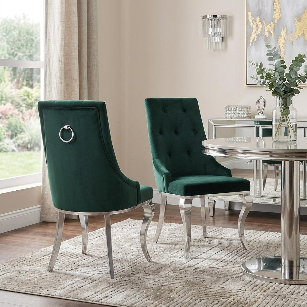 Set of Two Green and Silver Tufted Fabric Dining Side Chairs
