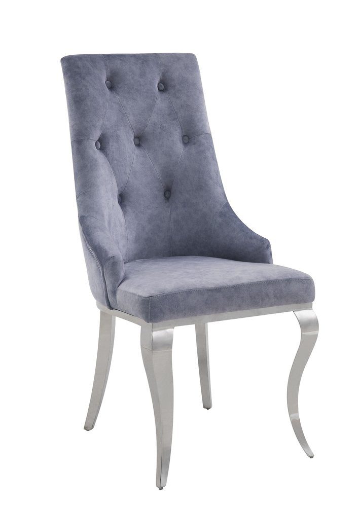 Set of Two Gray and Silver Tufted Fabric Dining Side Chairs