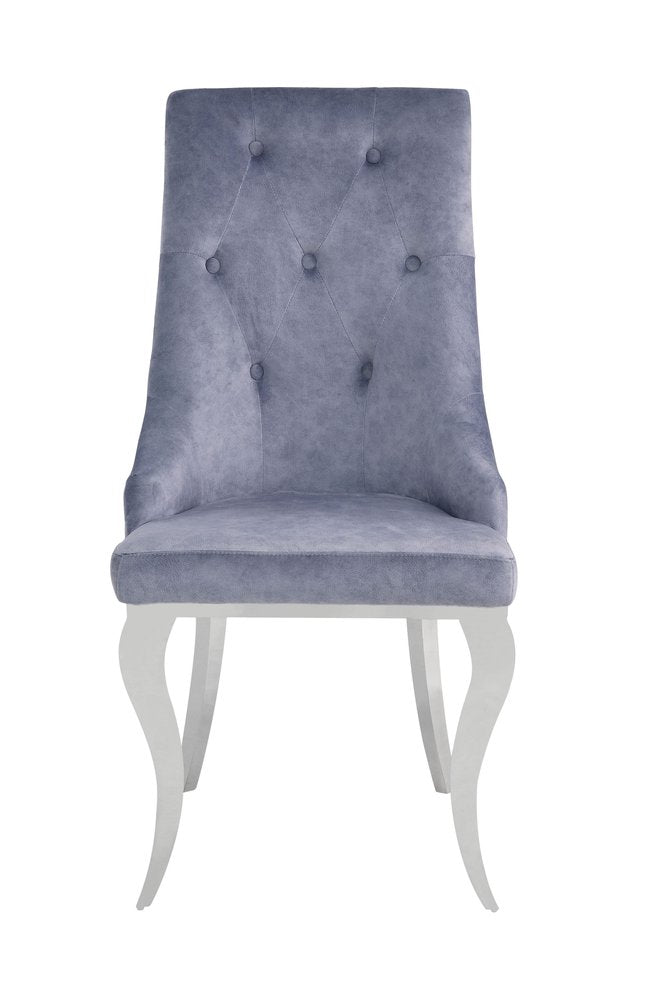 Set of Two Gray and Silver Tufted Fabric Dining Side Chairs