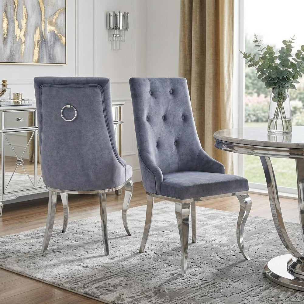 Set of Two Gray and Silver Tufted Fabric Dining Side Chairs