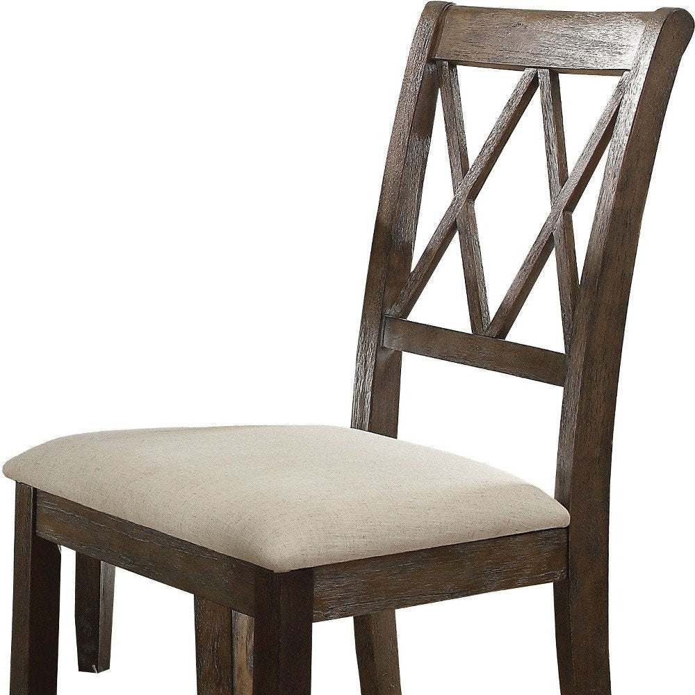 Set of Two Beige and Brown Linen Open Back Dining Side Chairs