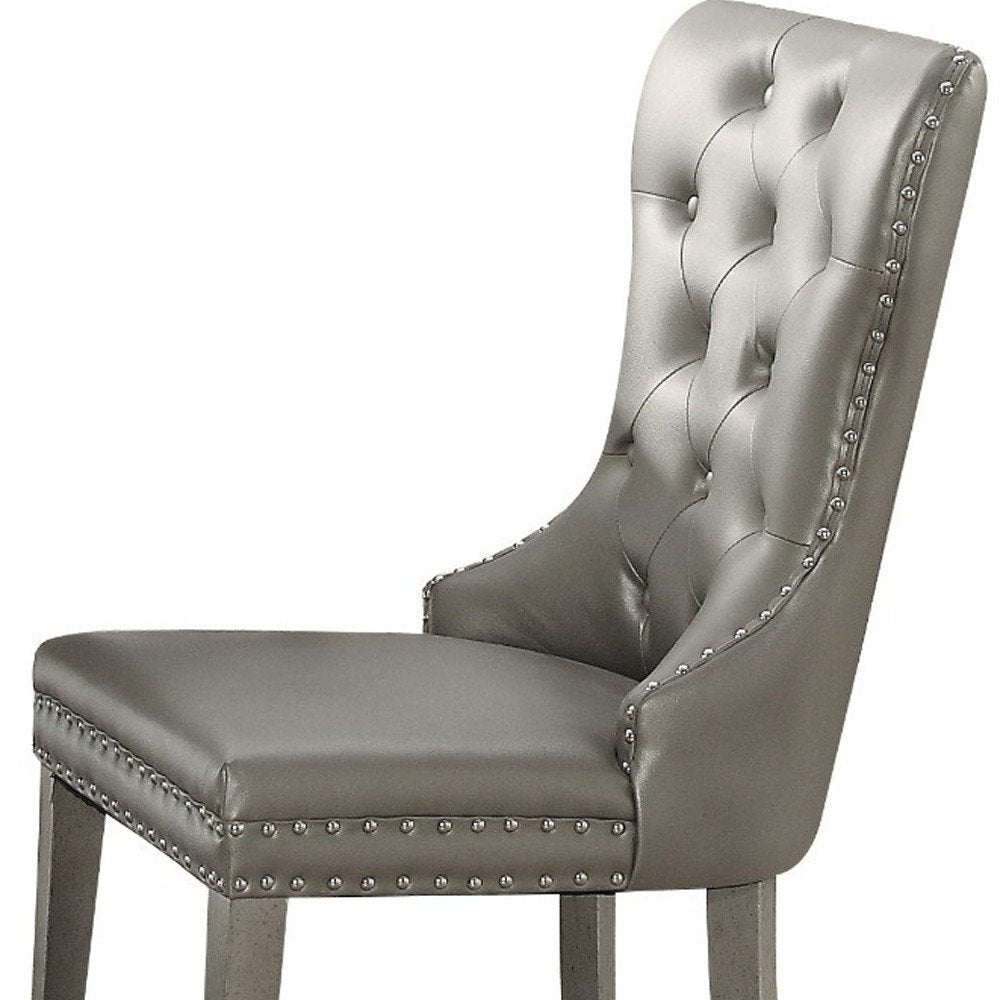 Set of Two Champagne Tufted Faux Leather Wing Back Dining Side Chairs