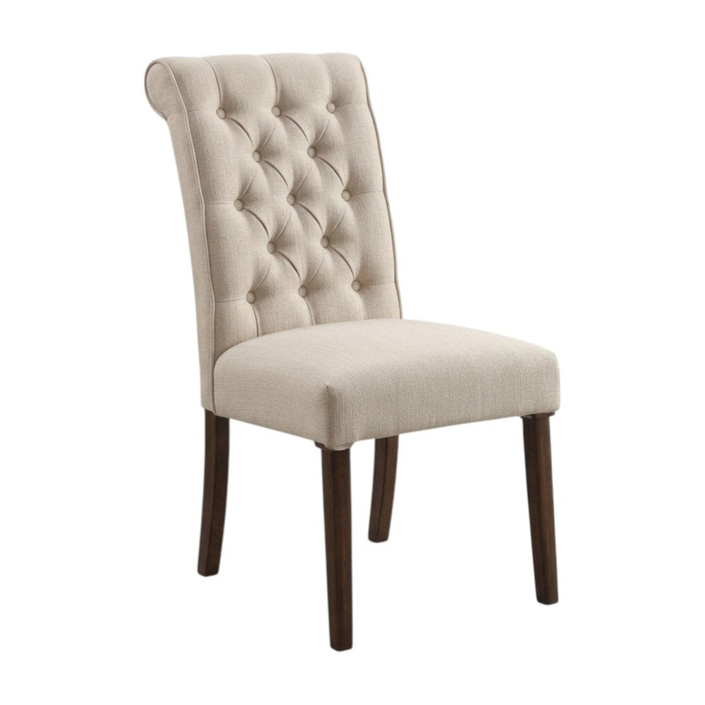 Set of Two Tufted Beige and Brown Upholstered Linen and Solid Wood Dining Side Chairs