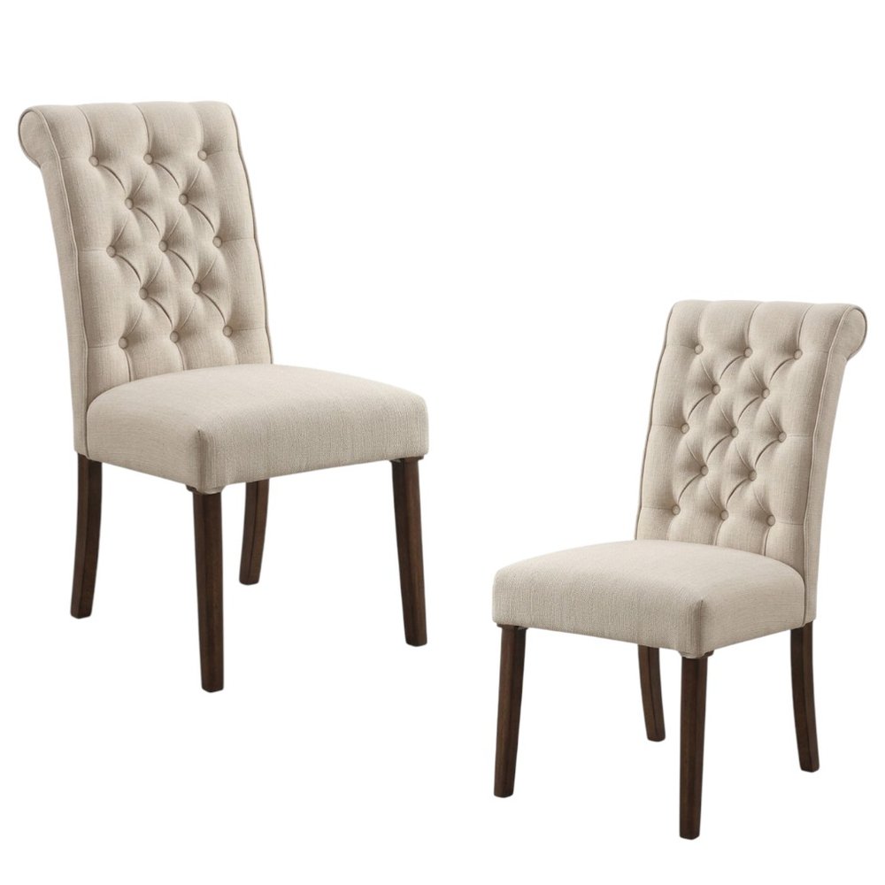 Set of Two Tufted Beige and Brown Upholstered Linen and Solid Wood Dining Side Chairs