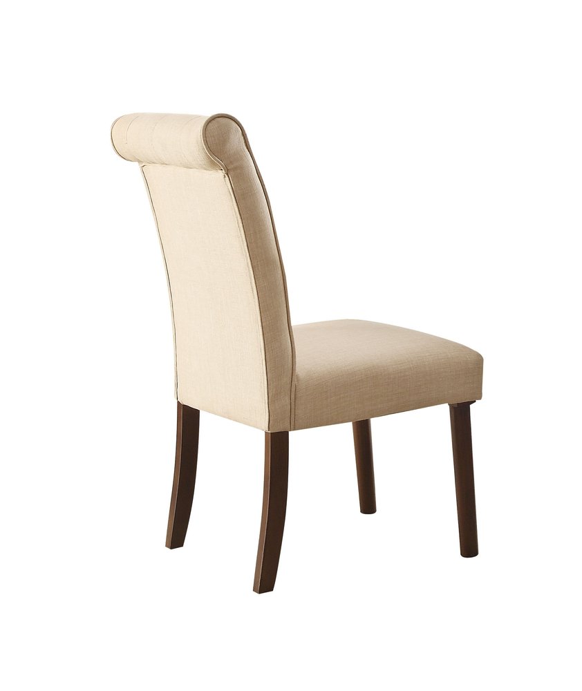 Set of Two Tufted Beige and Brown Upholstered Linen and Solid Wood Dining Side Chairs