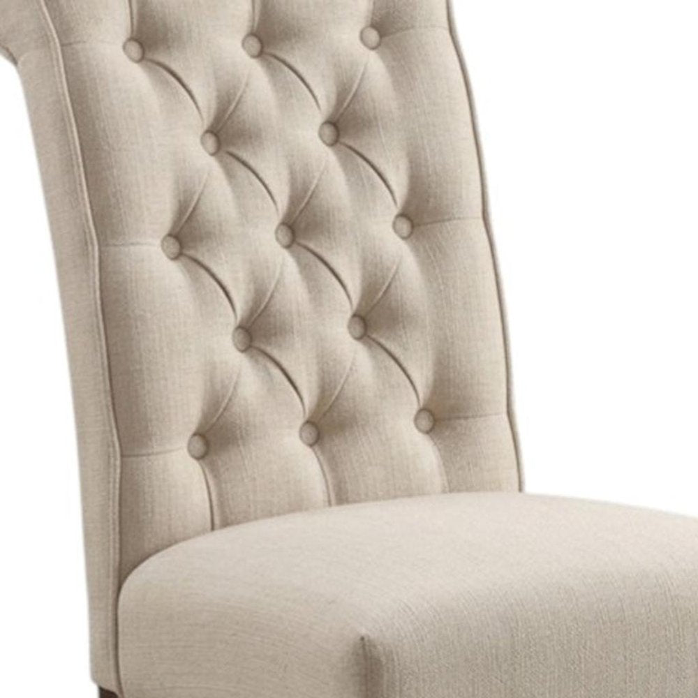 Set of Two Tufted Beige and Brown Upholstered Linen and Solid Wood Dining Side Chairs
