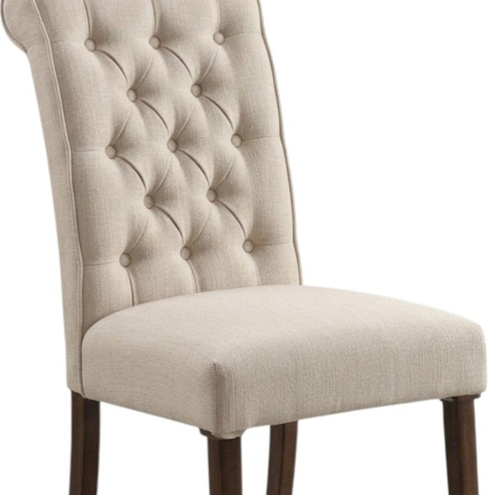 Set of Two Tufted Beige and Brown Upholstered Linen and Solid Wood Dining Side Chairs