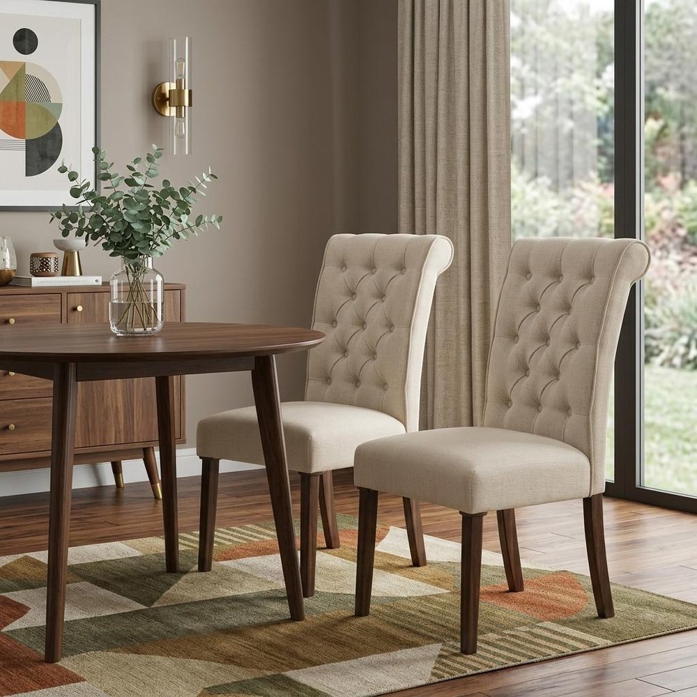 Set of Two Tufted Beige and Brown Upholstered Linen and Solid Wood Dining Side Chairs