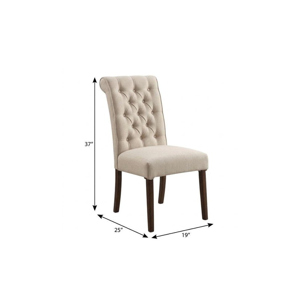 Set of Two Tufted Beige and Brown Upholstered Linen and Solid Wood Dining Side Chairs