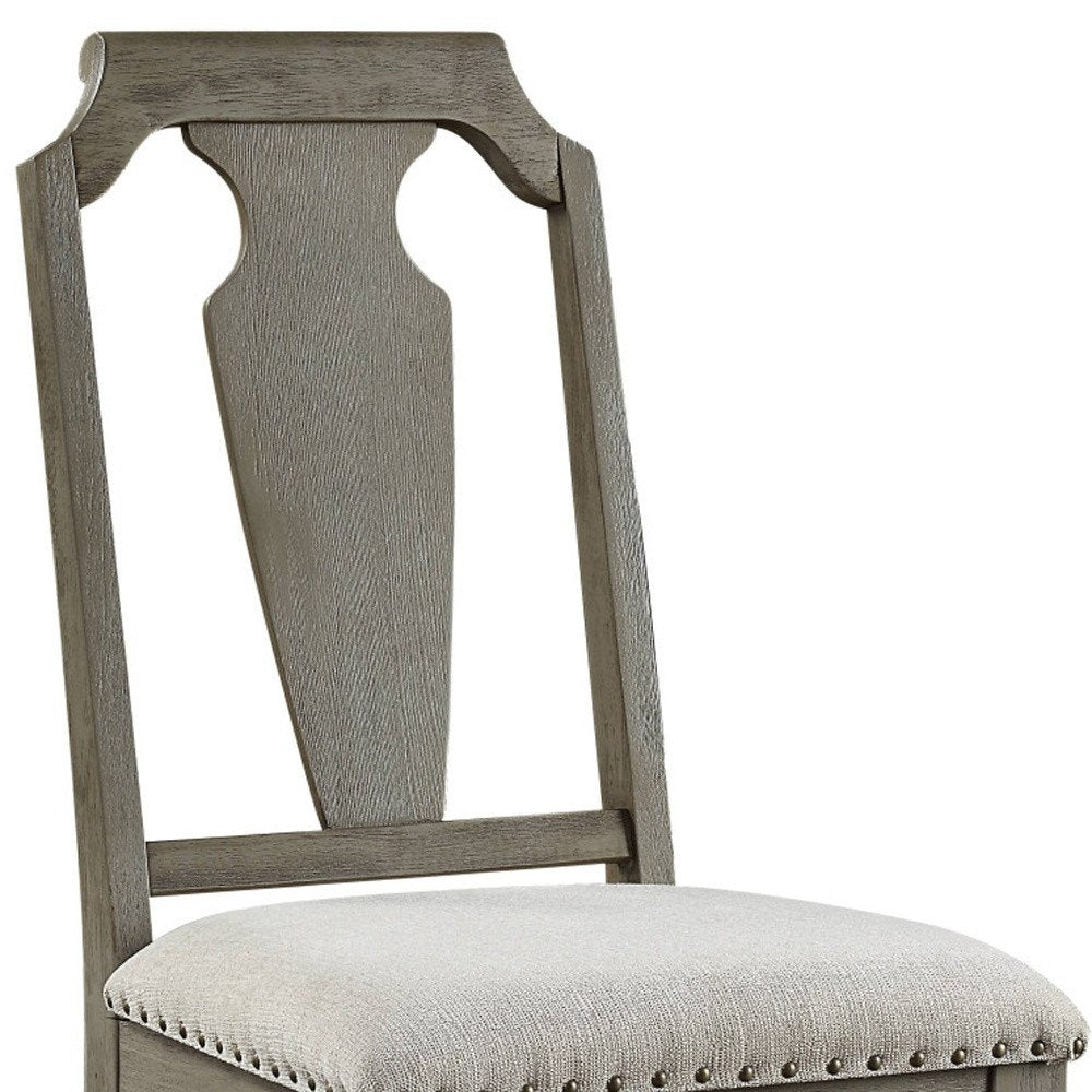 Set of Two Beige and Oak Linen Open Back Dining Side Chairs