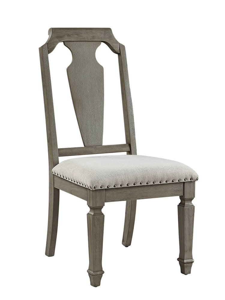 Set of Two Beige and Oak Linen Open Back Dining Side Chairs