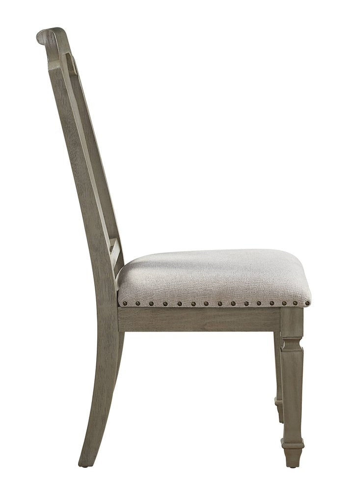 Set of Two Beige and Oak Linen Open Back Dining Side Chairs