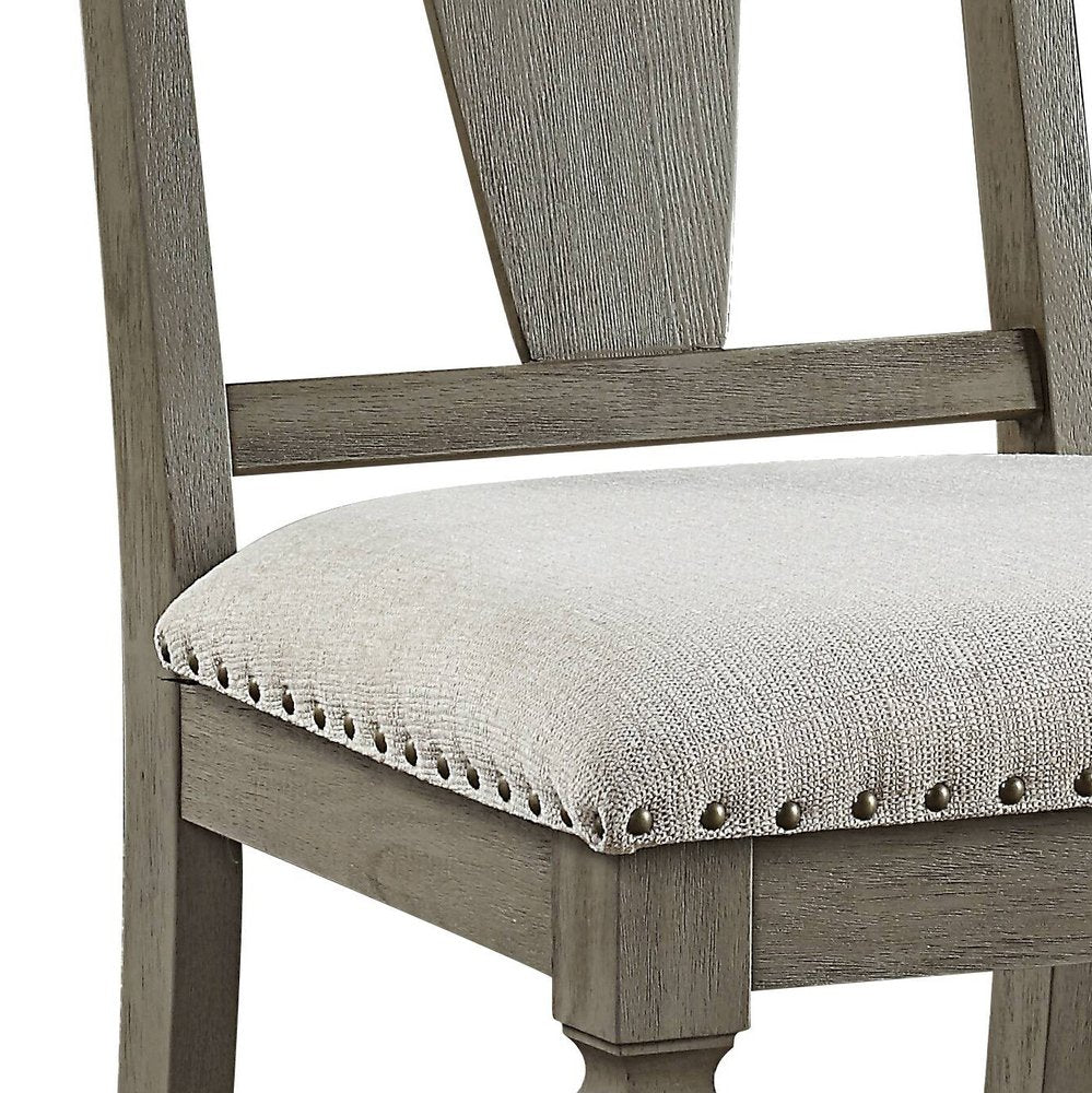 Set of Two Beige and Oak Linen Open Back Dining Side Chairs