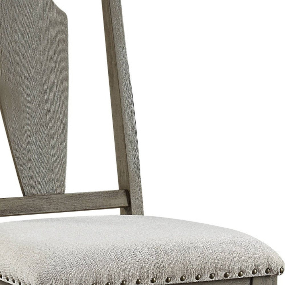 Set of Two Beige and Oak Linen Open Back Dining Side Chairs