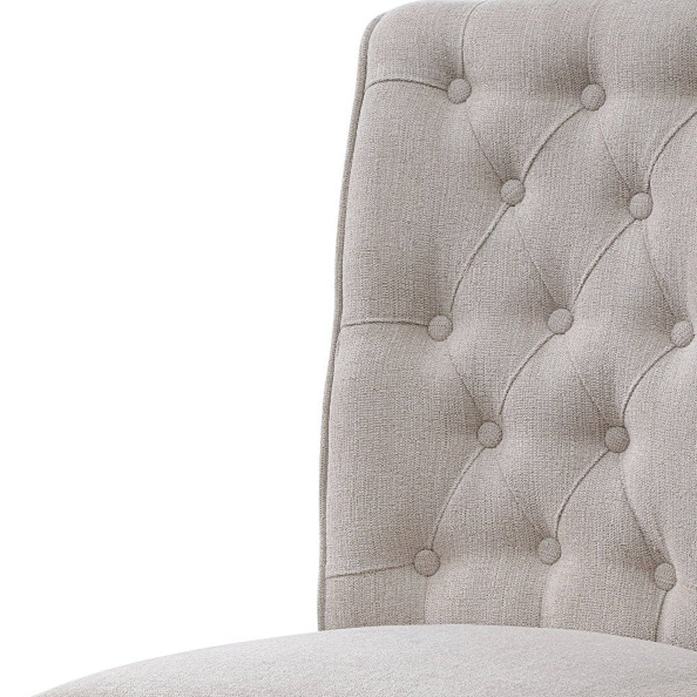 Set of Two Tufted Beige and Gray Upholstered Linen and Solid Wood Dining Side Chairs