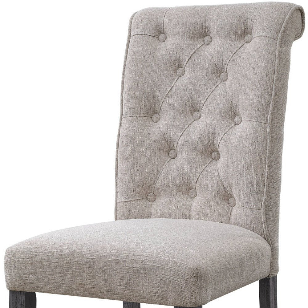 Set of Two Tufted Beige and Gray Upholstered Linen and Solid Wood Dining Side Chairs