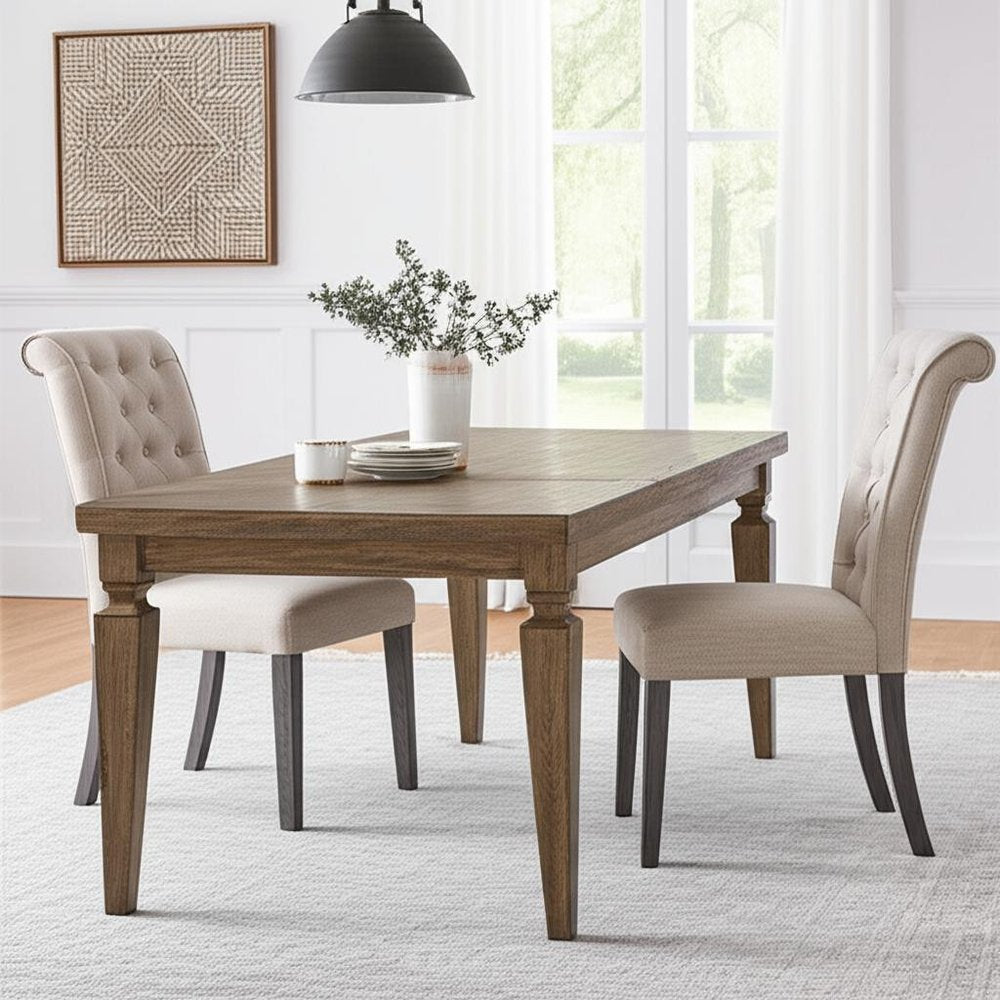 Set of Two Tufted Beige and Gray Upholstered Linen and Solid Wood Dining Side Chairs