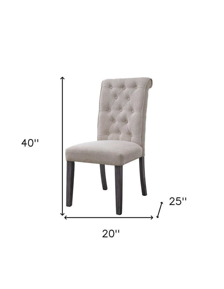 Set of Two Tufted Beige and Gray Upholstered Linen and Solid Wood Dining Side Chairs