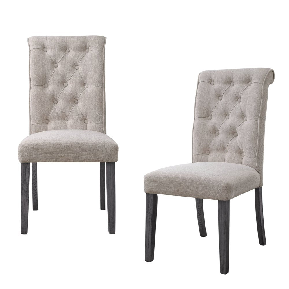 Set of Two Tufted Beige and Gray Upholstered Linen and Solid Wood Dining Side Chairs