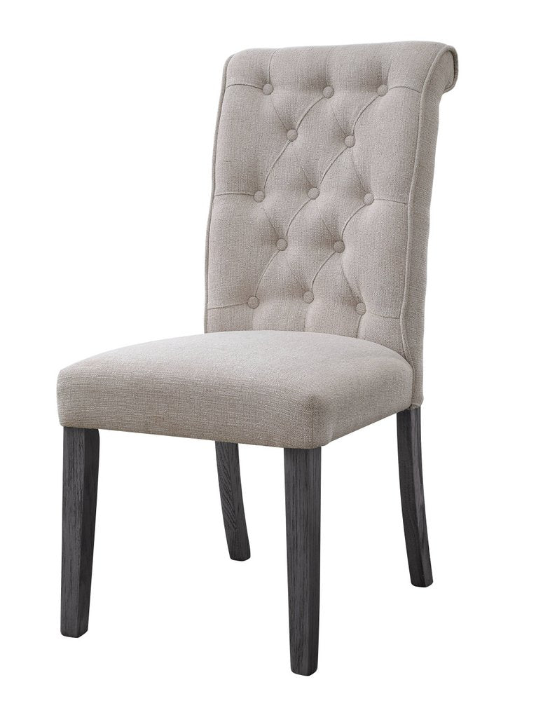 Set of Two Tufted Beige and Gray Upholstered Linen and Solid Wood Dining Side Chairs